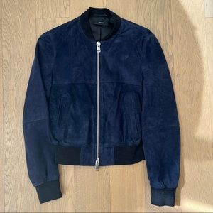 Theory Daryette S Benna Suede Bomber Jacket, Navy Blue, Petite